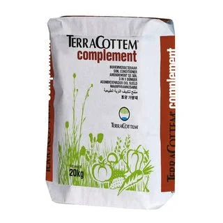 Bag of TerraCottem complement, a 20kg soil conditioner with green illustrations of plants on the front.
