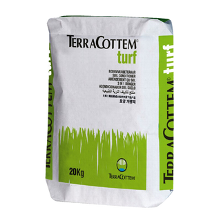 Bag of TerraCottem Turf soil conditioner with green and white packaging, 20 kg weight, and branding details.