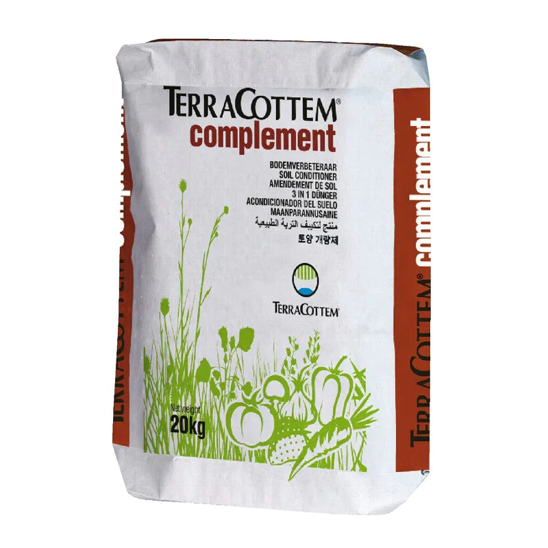 20 kg bag of Terra Cottem complement soil conditioner with green illustrations of vegetables and plants on white background.