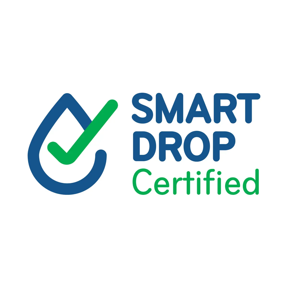 Smart Drop Certified logo with a stylized water droplet and a checkmark inside it, featuring blue and green text.