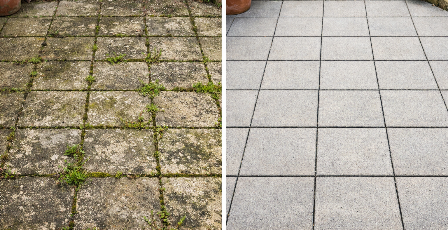 Före och efter stenplattor marktvätt