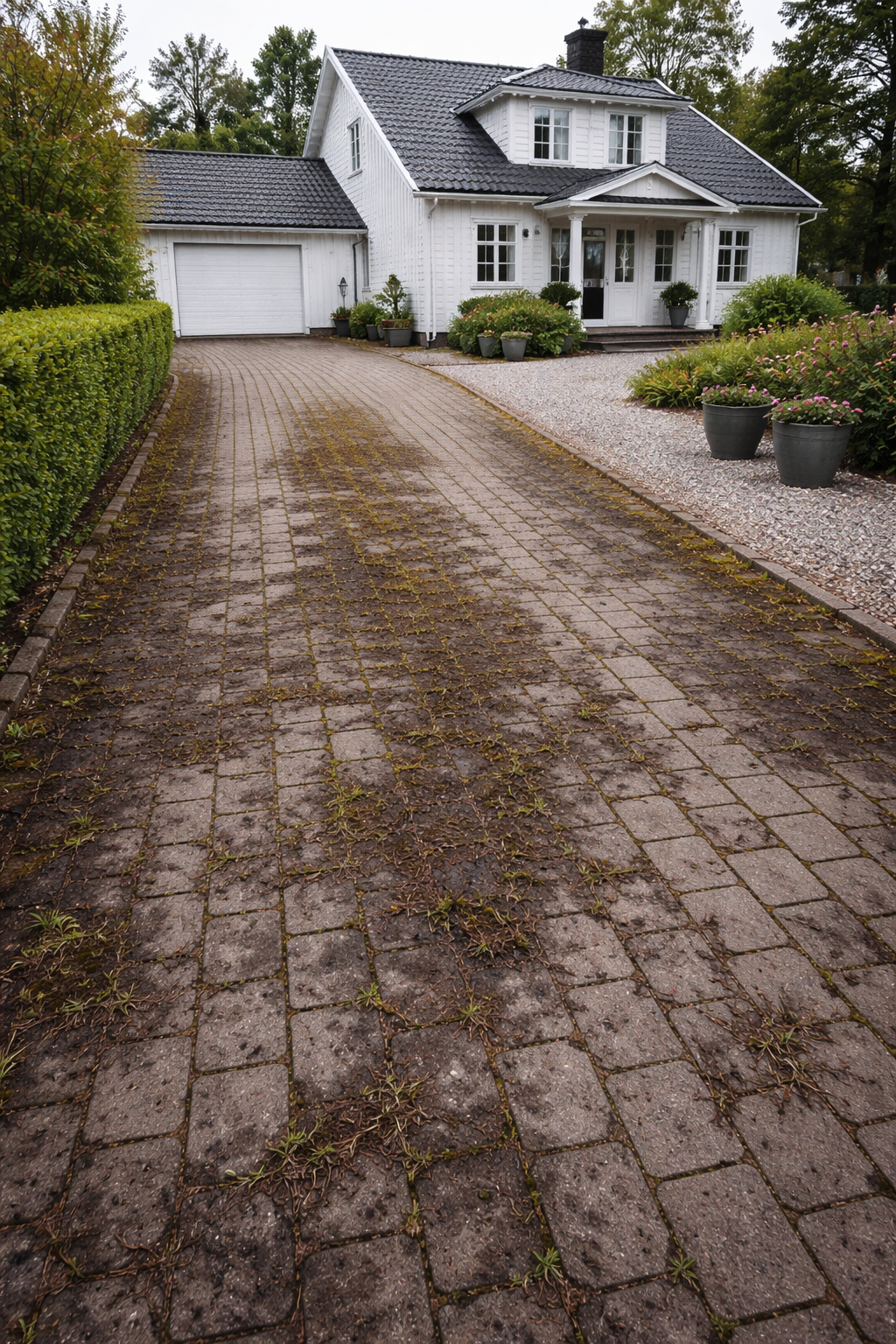 En vit villa med svart tegeltak och en uppfart av stenplattor som är täckt av mossa och små växter. Det finns gröna buskar och blommor i stora krukor framför huset och omgivande träd.