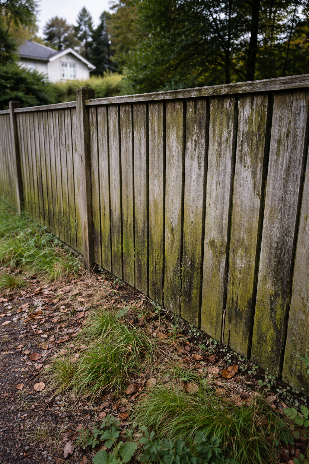En trästaket med grönt mossa och alger som växer på, omgiven av växtlighet och löv på marken, med ett hus och träd i bakgrunden.