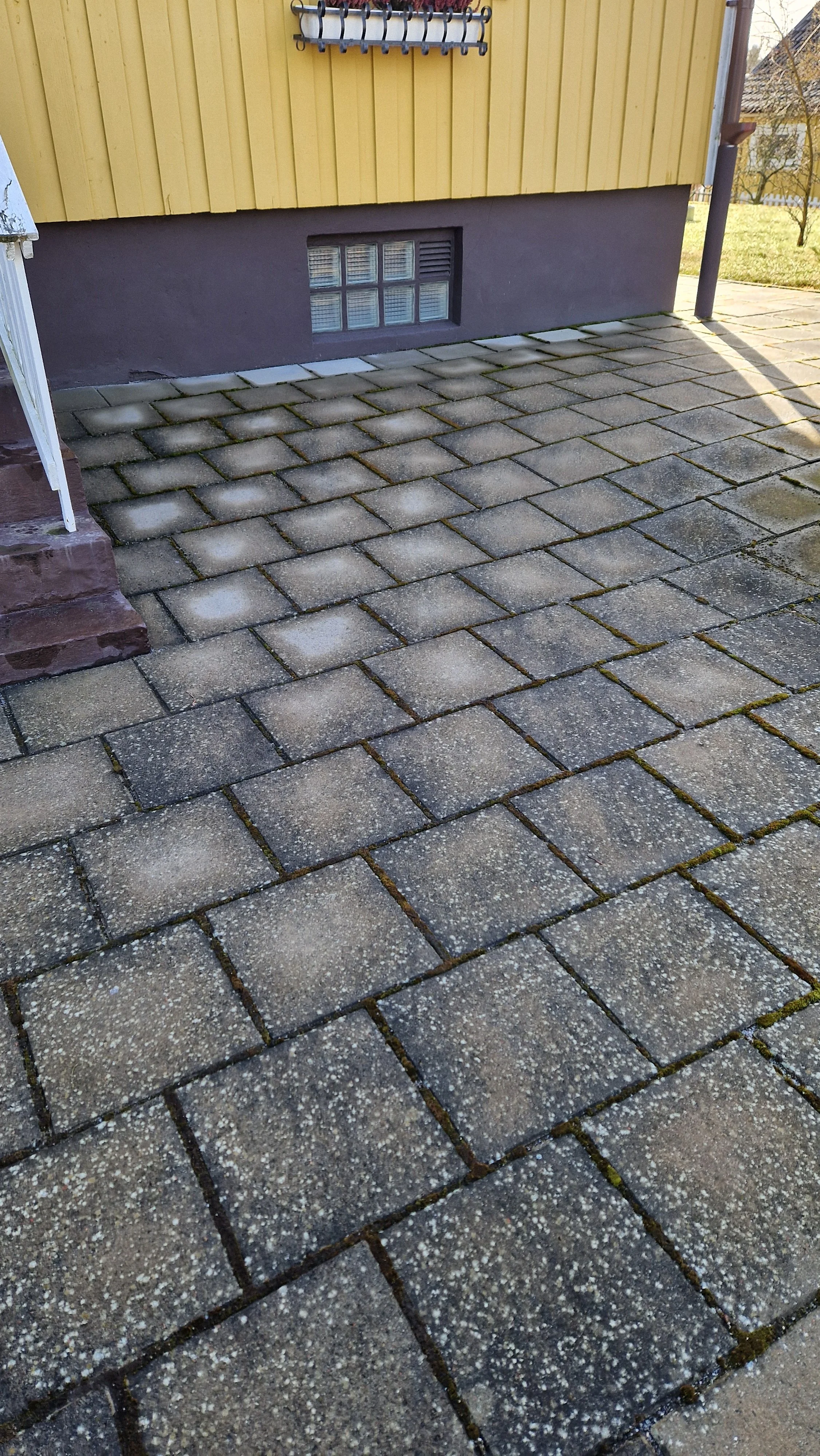 markplattor med stenpest och mossa innan tvättning