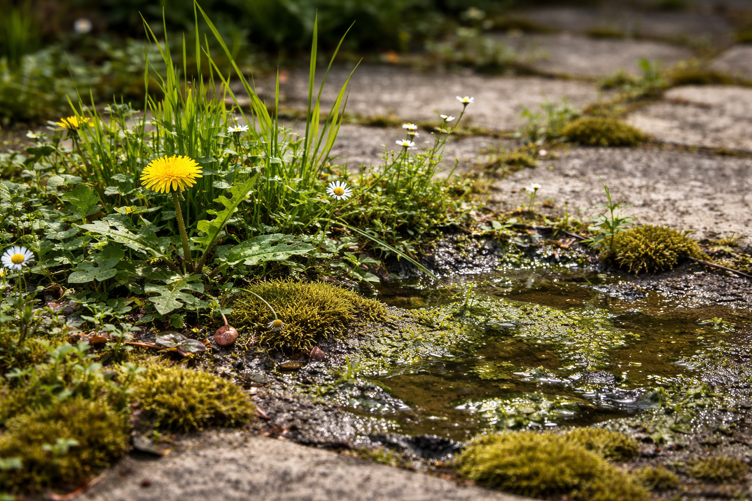 Växter och blommor vid ett vattenhål på en stenlagd väg.