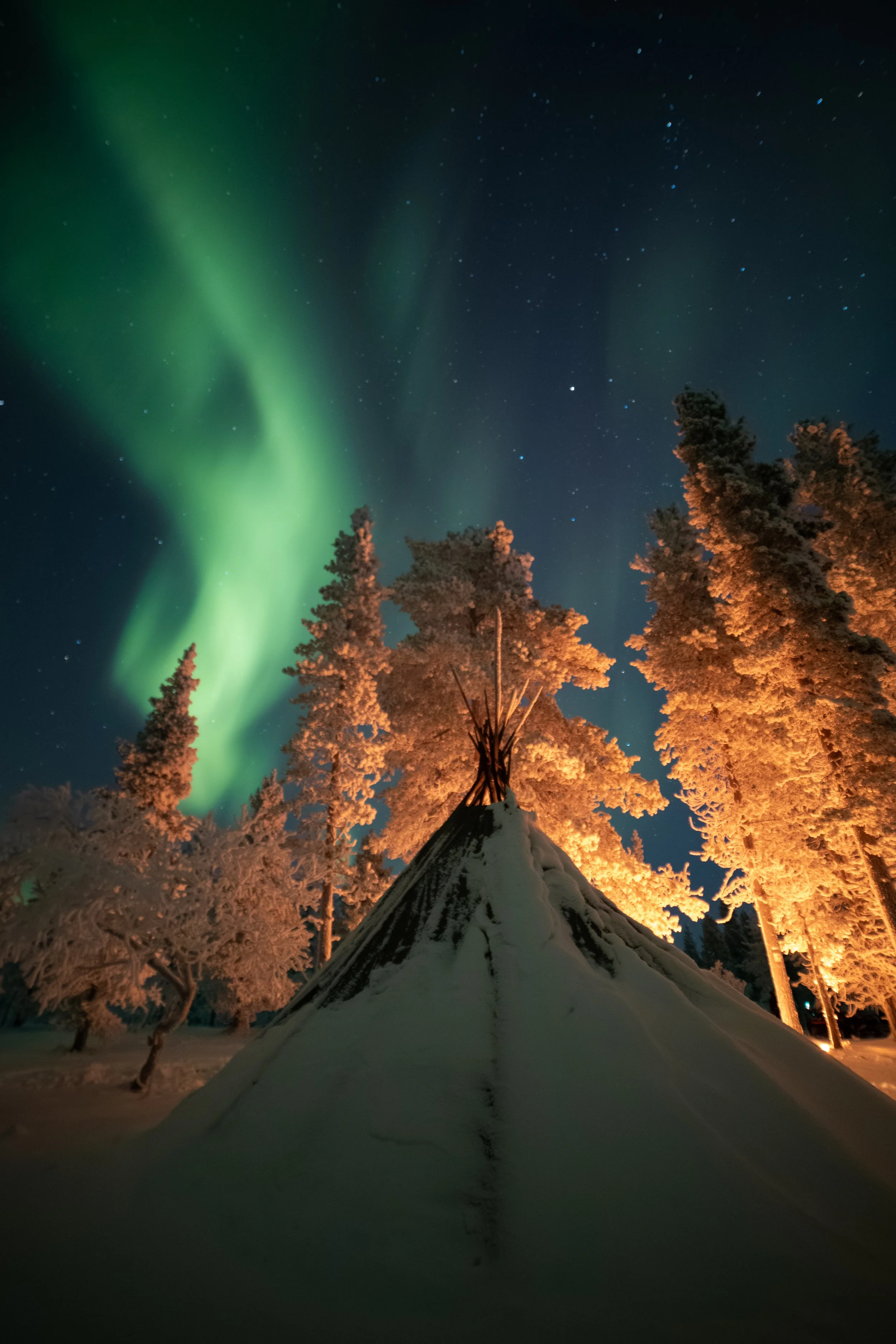 Nighttime scene with the Northern Lights illuminating the sky over snow-covered trees and a tipi or tent in the foreground.