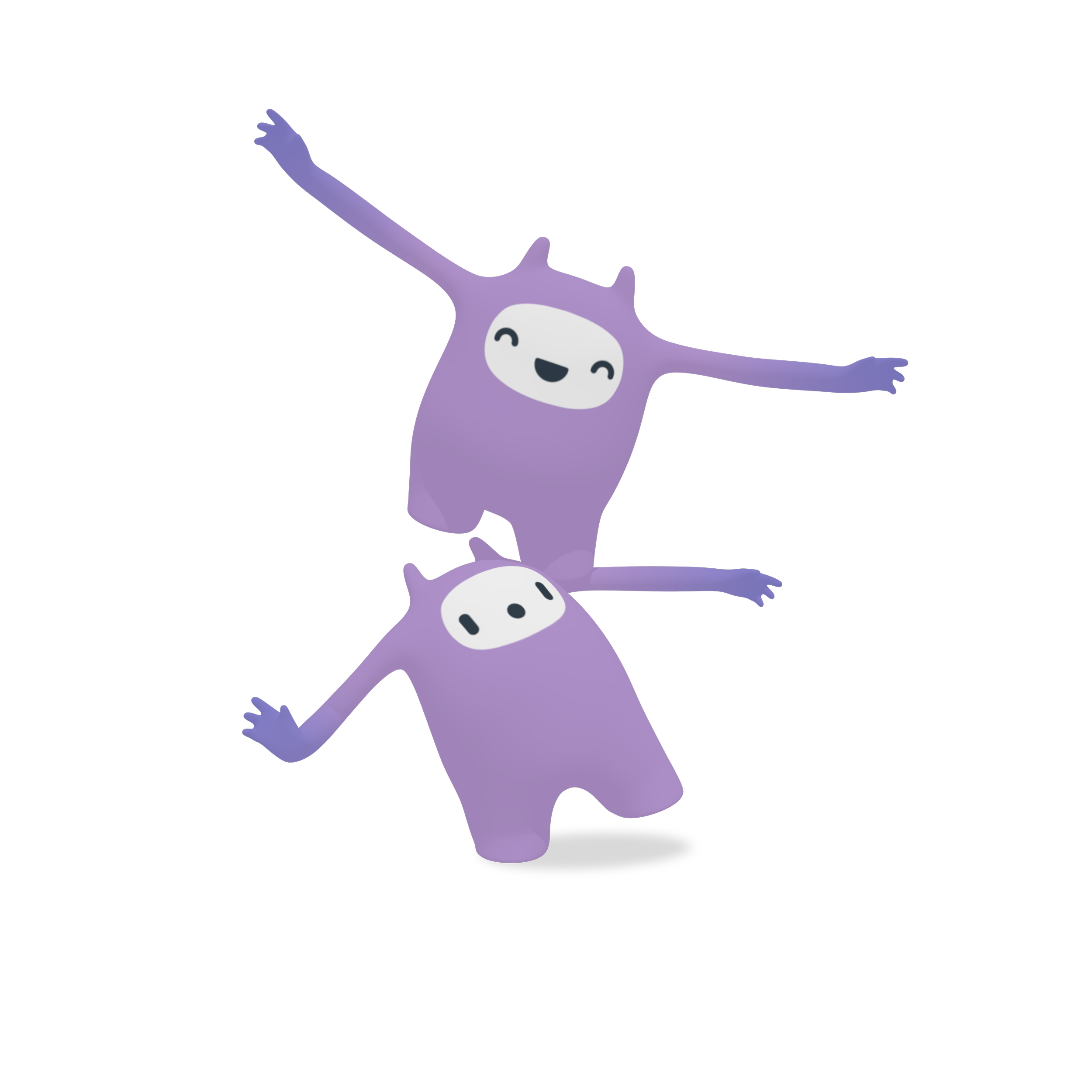 Twee cartoonige, paarse, knuffelachtige wezens die plezier hebben, met armen uitgestrekt en grote glimlachen.