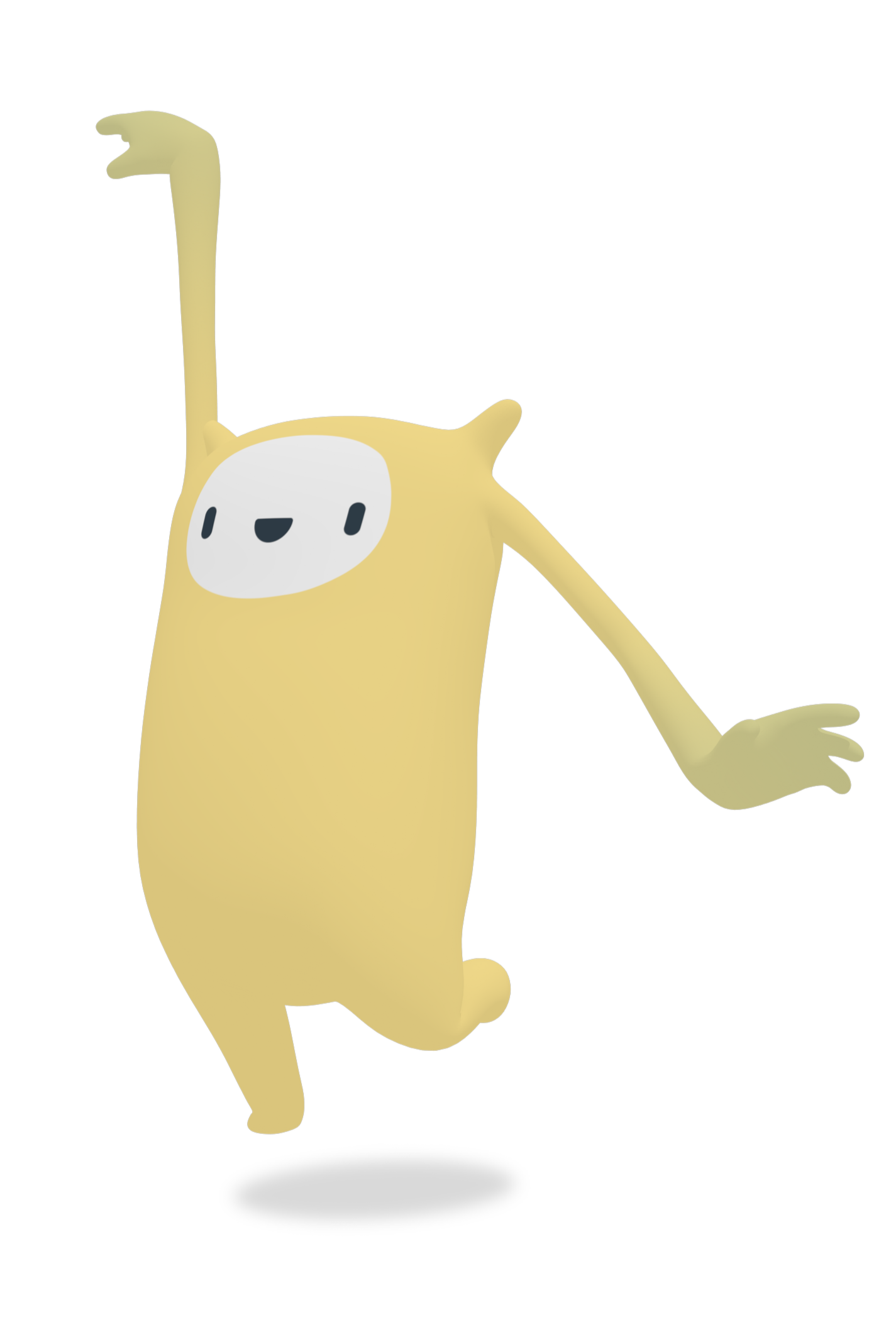 Een vrolijk, gele, cartoonachtige character met een wit gezicht en een glimlach, dat uitbundig vrolijk danst met één arm omhoog.
