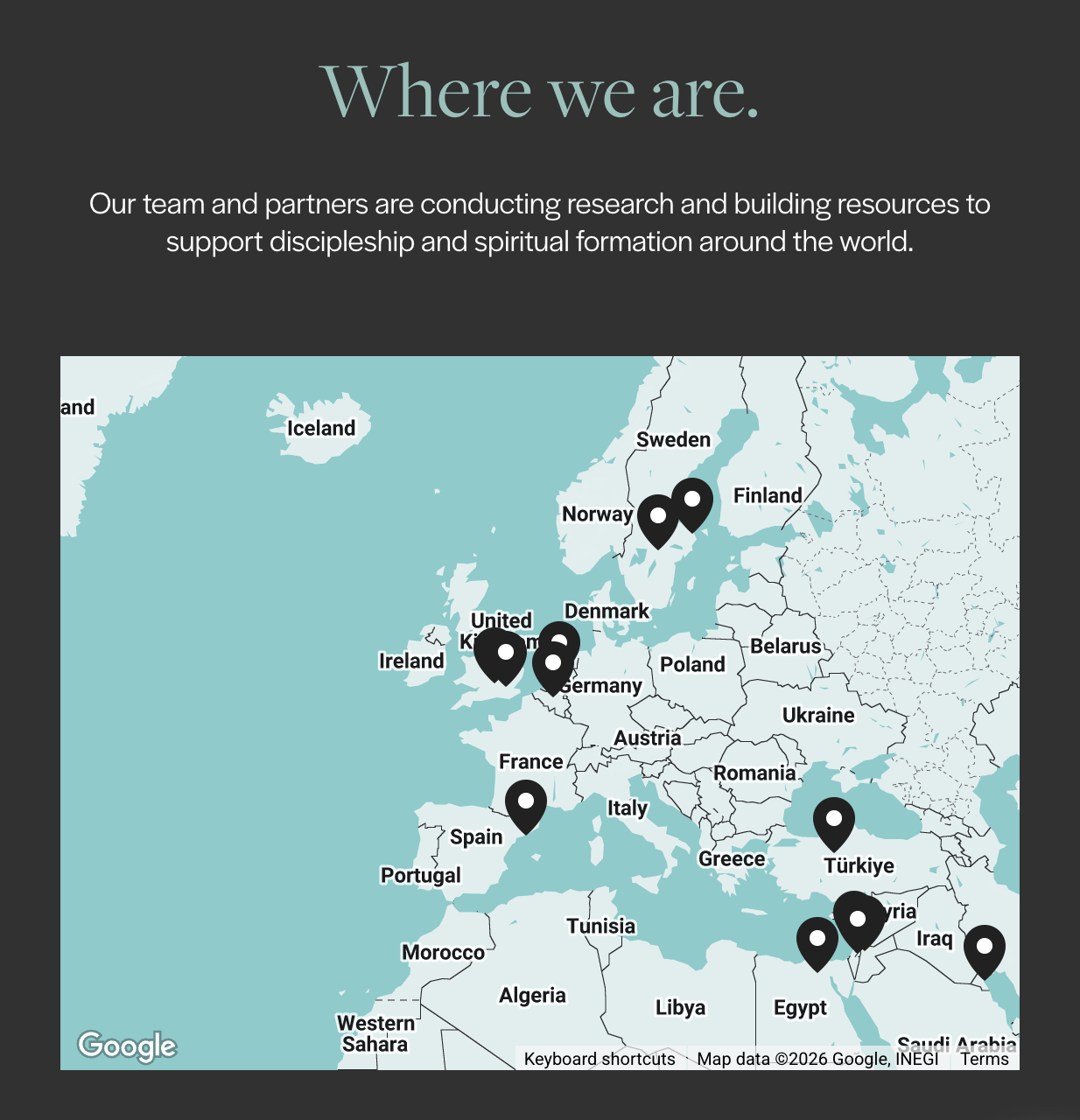 Map of Europe, North Africa, and parts of the Middle East with location markers in Norway, Sweden, Finland, the UK, Ireland, Germany, France, Spain, Italy, Greece, Turkey, Iraq, Syria, Egypt, and Saudi Arabia, illustrating research and partnership sites.