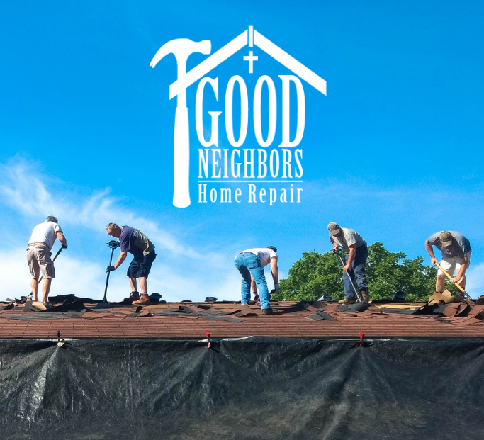 Five workers remodeling a roof, with a logo atop advertising 'Good Neighbors Home Repair'.