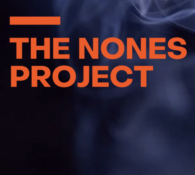Cover image for The Nones Project with dark background, orange text, and abstract smoky design.
