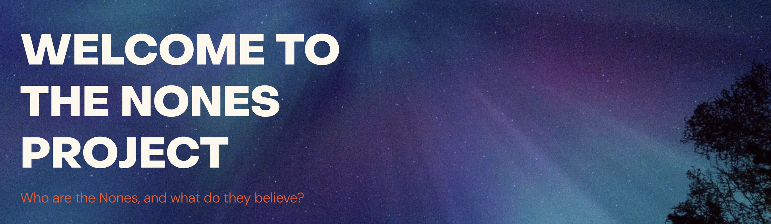 Starry night sky with trees on the right and large white text that reads 'Welcome to the Nones Project' along with smaller red text that says 'Who are the Nones, and what do they believe?'