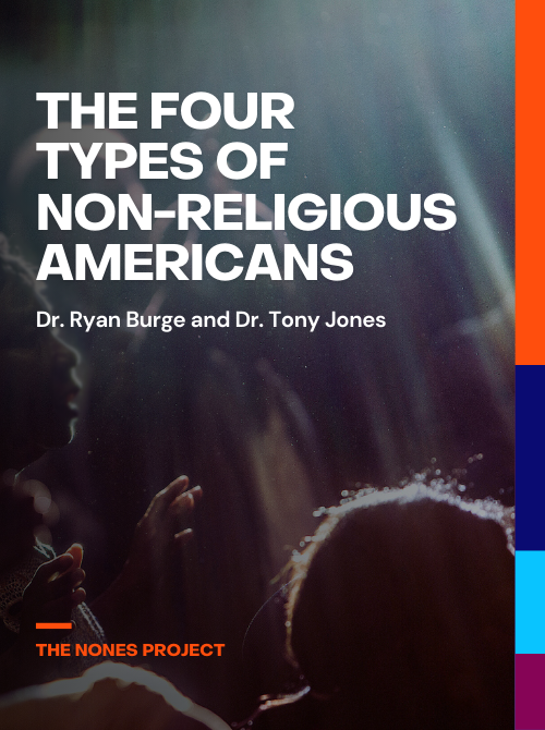 Book cover titled "The Four Types of Non-Religious Americans" by Dr. Ryan Burge and Dr. Tony Jones, featuring a dark background with silhouettes of people and vertical colored strips on the right