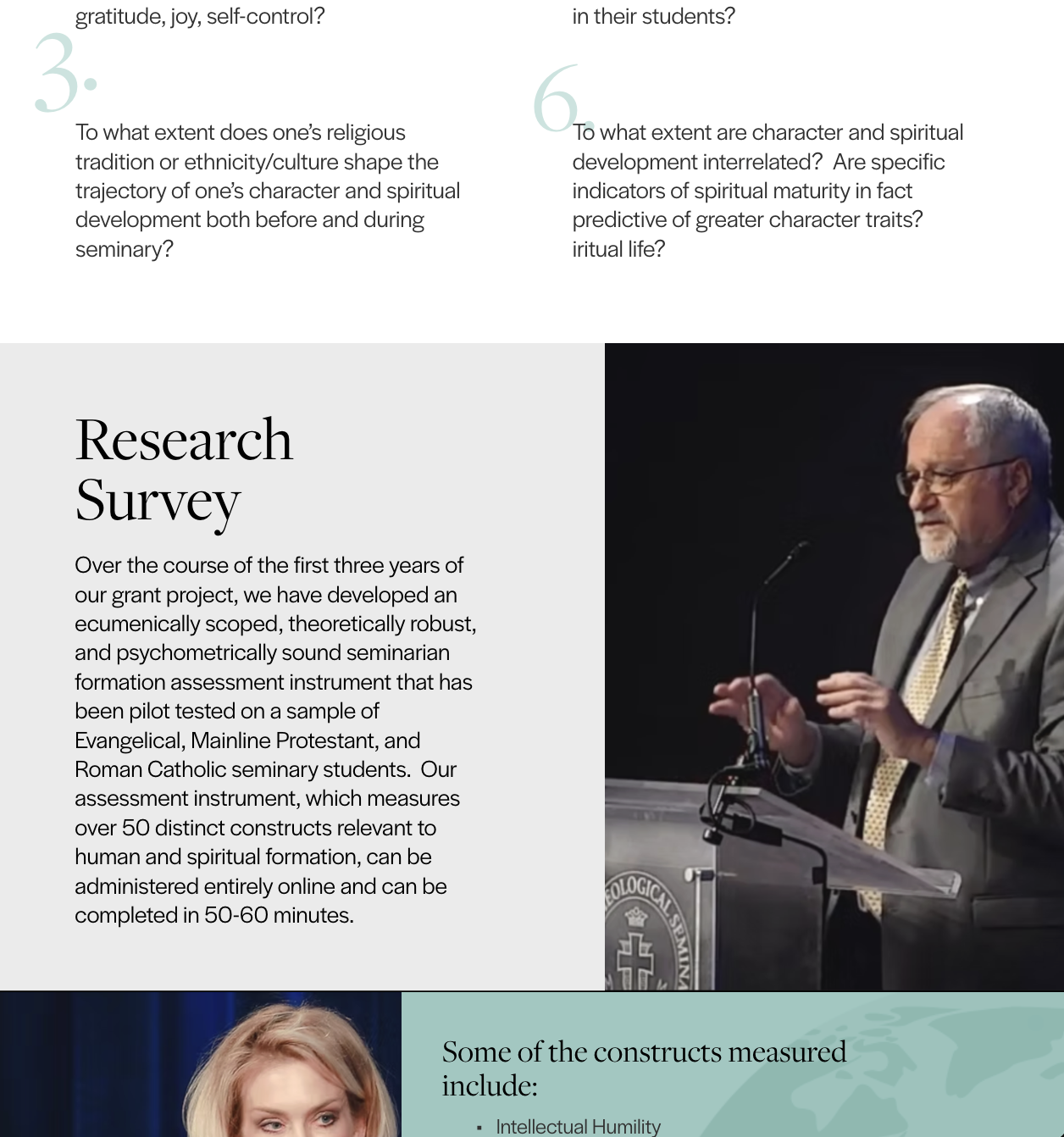 A person giving a speech at a podium, a photograph of an older man with glasses and a gray suit, standing behind a lectern with a microphone, and a section of text explaining a research survey conducted over three years, with technical details about an assessment instrument for spiritual formation.