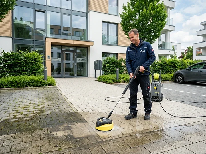 Mann reinigt eine gepflasterte Gehwegfläche mit einem Hochdruckreiniger vor einem modernen Wohngebäude.