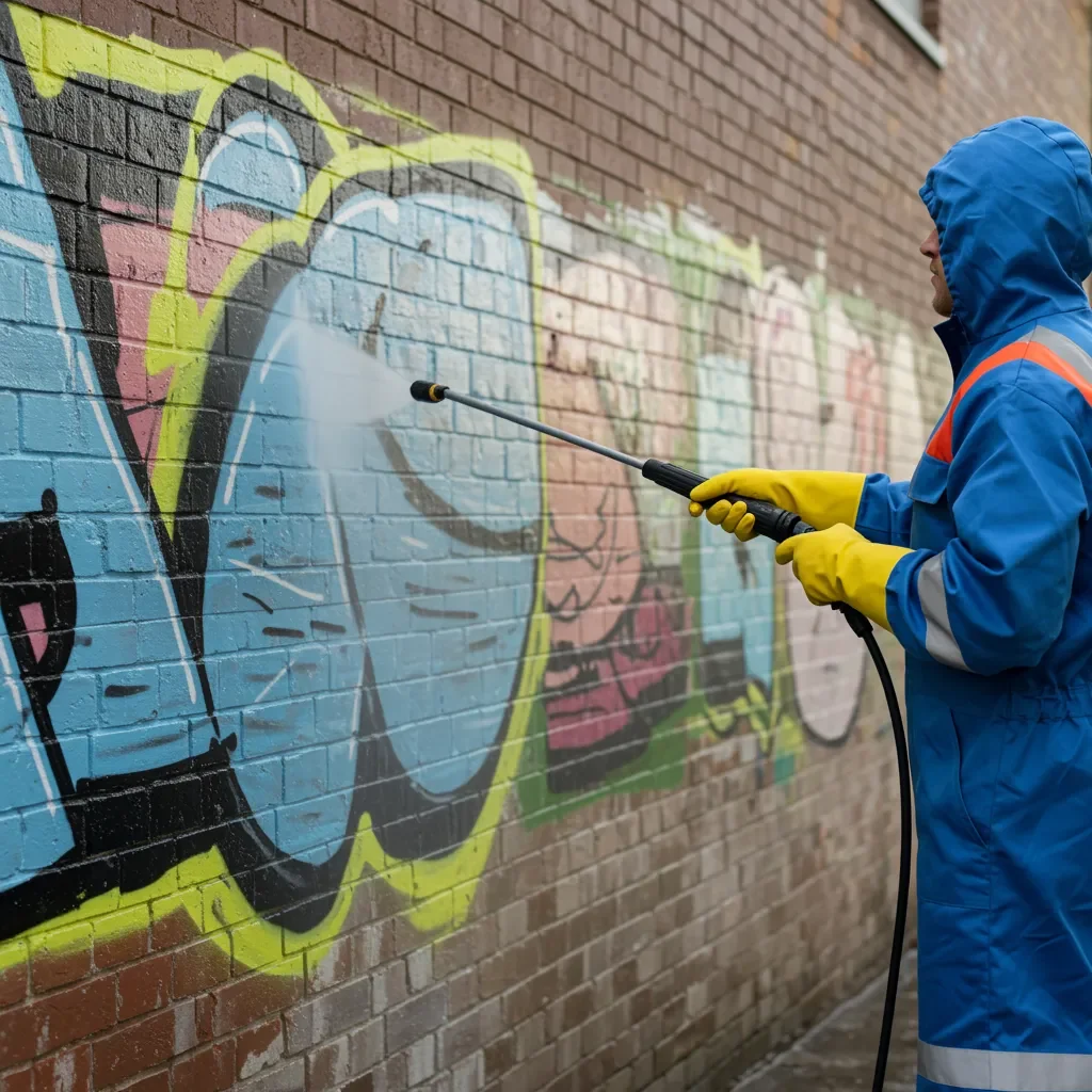 Person trägt eine blaue Regenjacke und gelbe Handschuhe, während er eine Wand mit Graffiti mit einem Hochdruckreiniger reinigt.