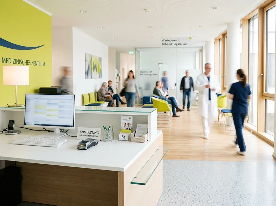 Innenaufnahme eines medizinischen Zentrums mit Wartebereich und Empfangstresen, an dem sich Patienten und medizinisches Personal aufhalten.
