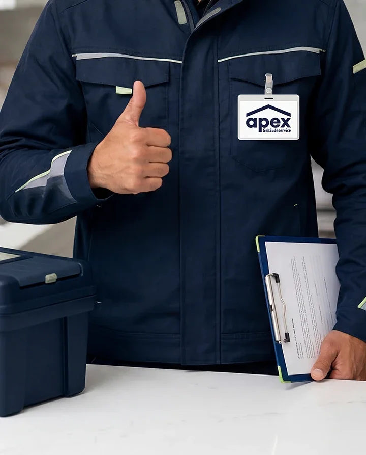 Ein Handwerker in blauer Arbeitsjacke mit apon Logo und Handschuhen zeigt Daumen hoch, hält einen Klemmbrett mit Dokumenten, neben einem Werkzeugkasten.