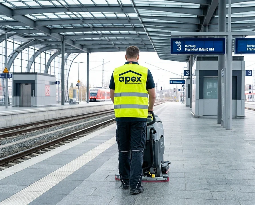 Reinigungskraft auf einem Bahnsteig in einem Bahnhof mit gelber Weste, die den Boden reinigt.
