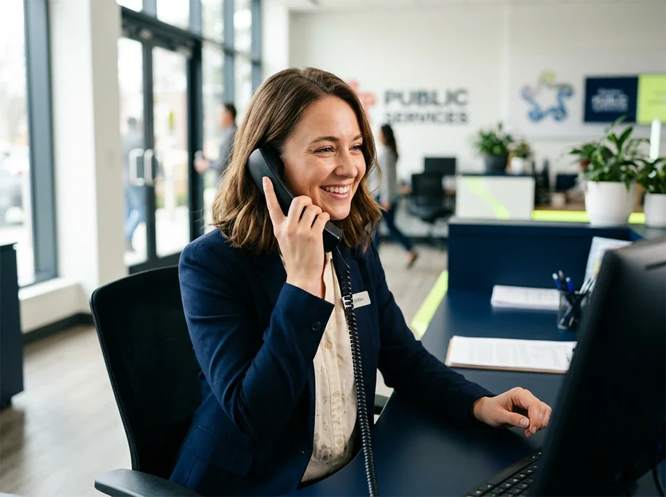 Frau im Kundendienst im Büro am Telefon.