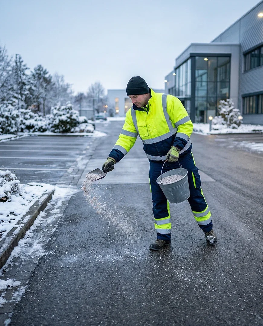 Ein Mann in einer hohen Sichtschutzjacke streut Salz auf eine verschneite Straße vor einem modernen Gebäudekomplex im Winter. Es she's in einer Parklounge mit Schneebedeckten Büschen im Hintergrund.