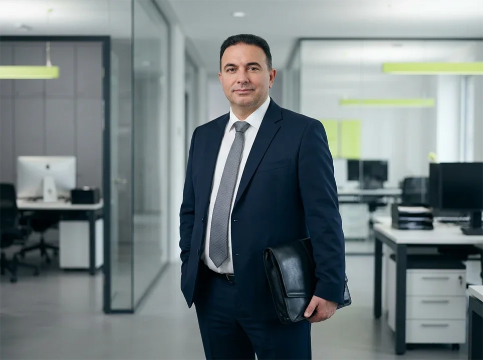 Geschäftsmann in Anzug und Krawatte steht in modernem Büro und hält Aktenkoffer.