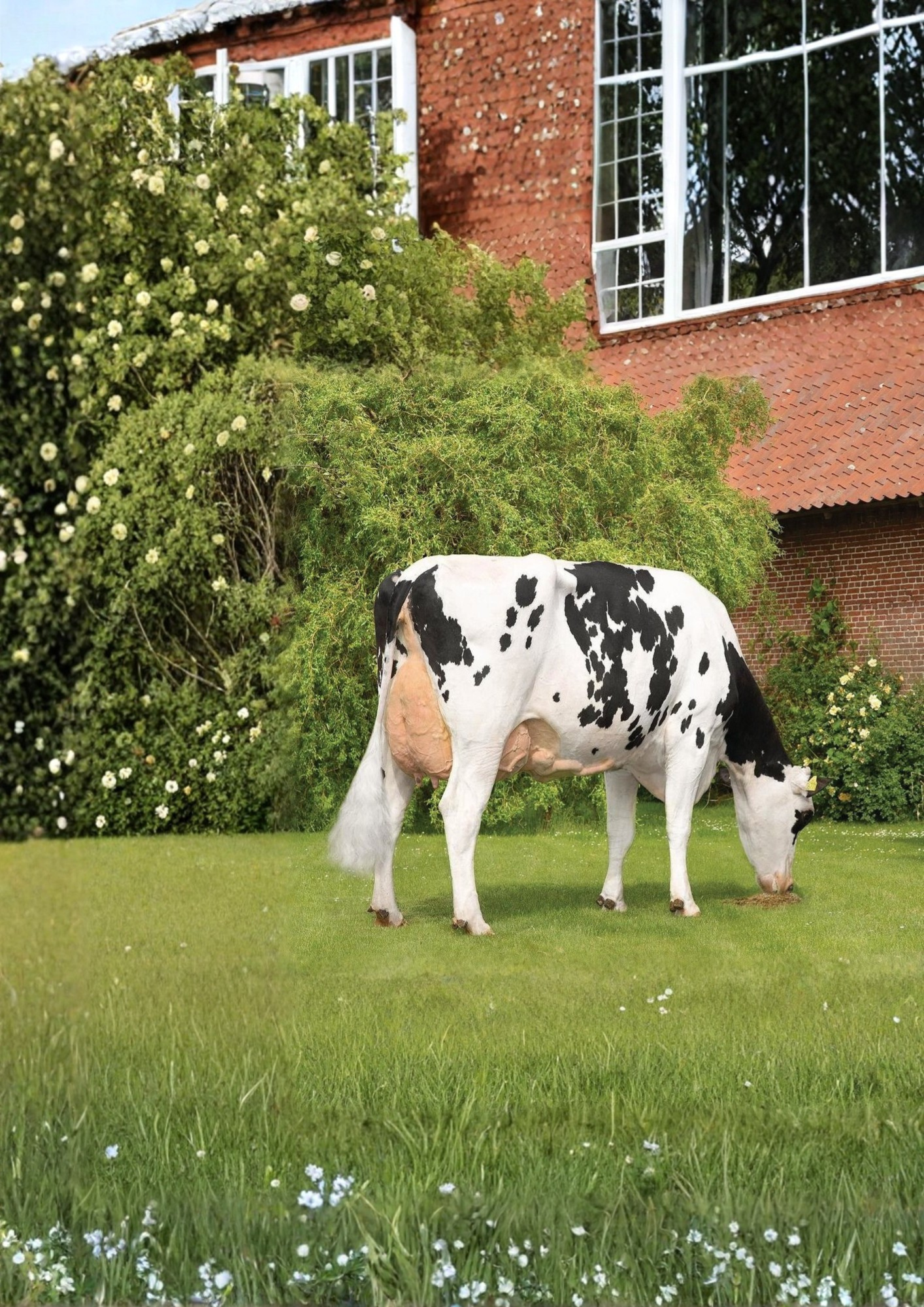 A cow with black and white spots grazing on a green lawn in front of a red brick house with white window frames and green bushes.