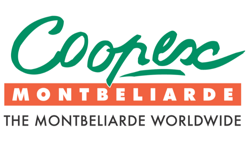 Logo of Corcel Montbiararde with green cursive text, white block letters spelling 'Montbeliarde,' and black and red text saying 'The Montbeliarde Worldwide'.