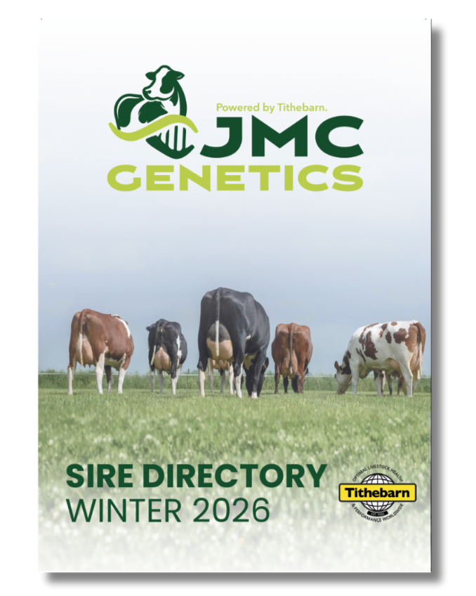 Cover page for JMC Genetics Sire Directory Winter 2026 featuring cows grazing on grass with a cloudy sky, with logos of Tithebarn and JMC Genetics.