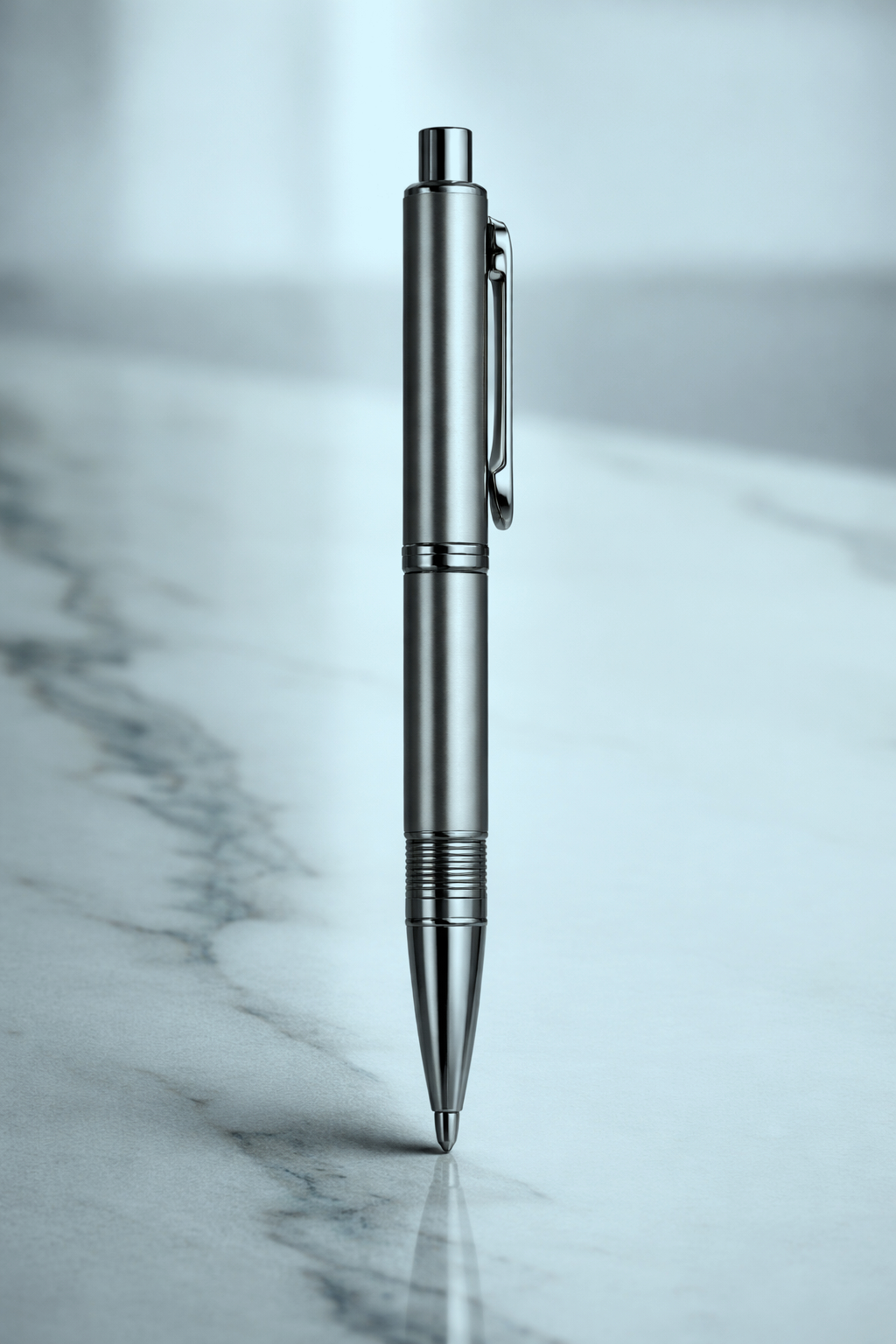 Close-up of a silver retractable ballpoint pen standing on a marble surface with a blurred background.