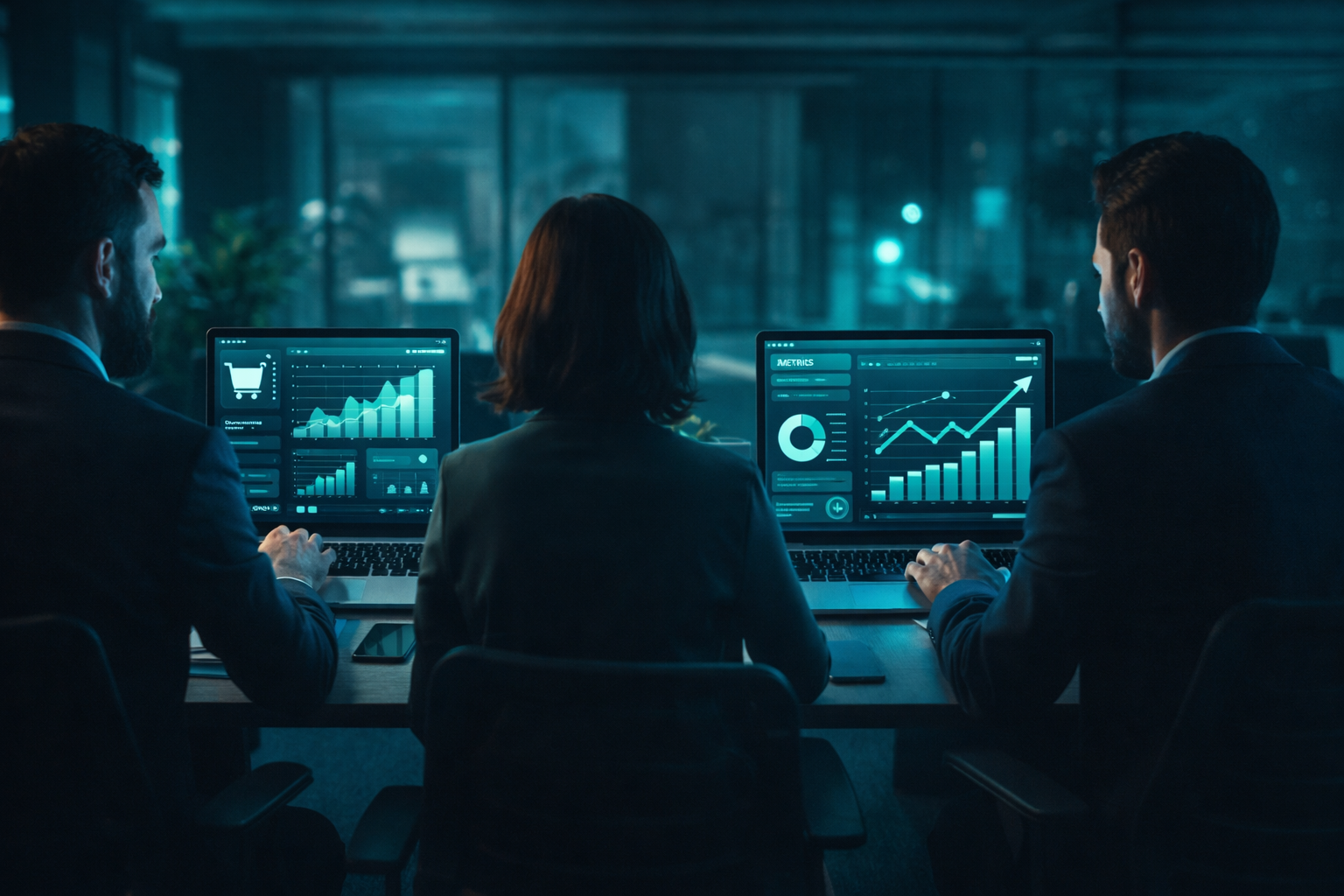 Three business professionals sitting at a table with laptops, analyzing data and charts on screens, in a dark conference room.