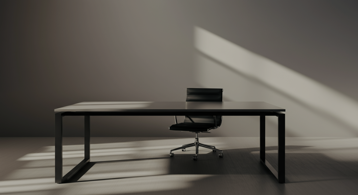 Empty black office chair behind a white desk in an minimalist office space with shadows on the wall.