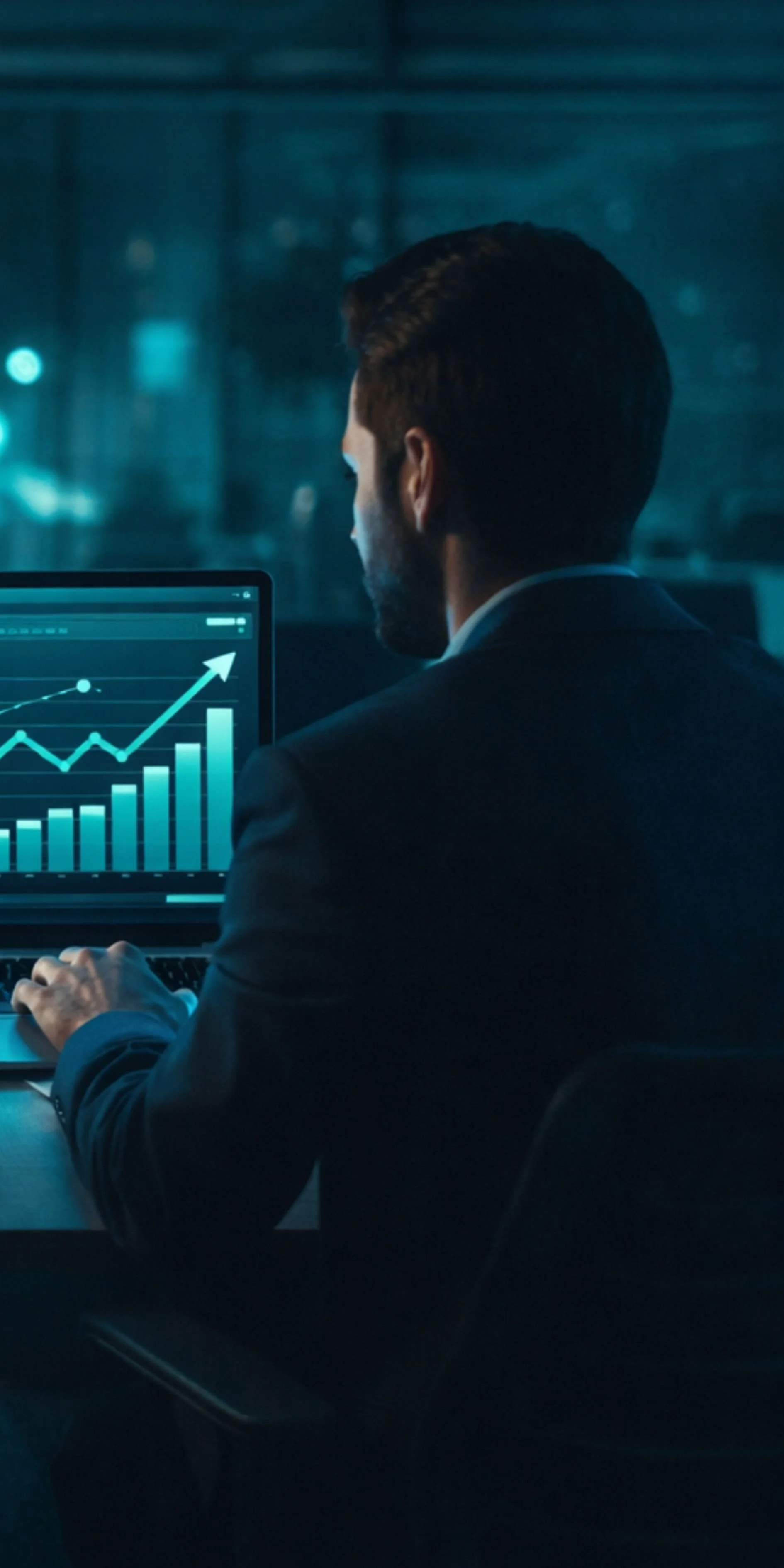 Businessman in a suit analyzing growth chart on a laptop at night.