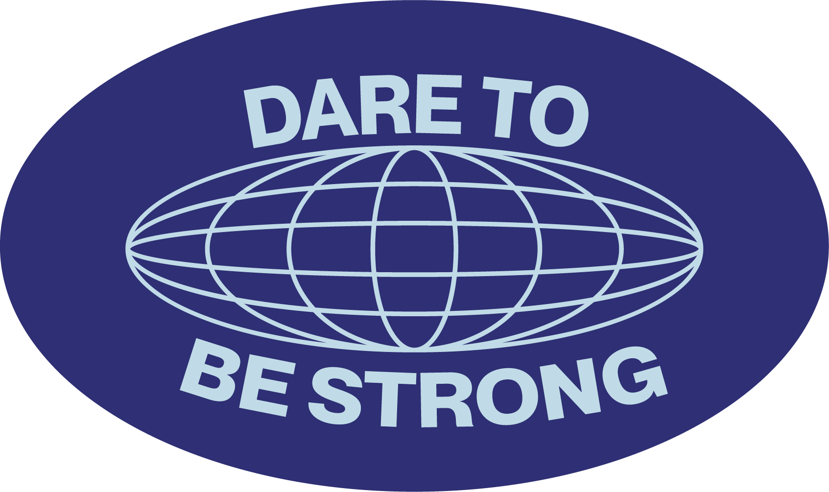 Logo avec un globe stylisé et la phrase "Dare to be strong" en anglais.