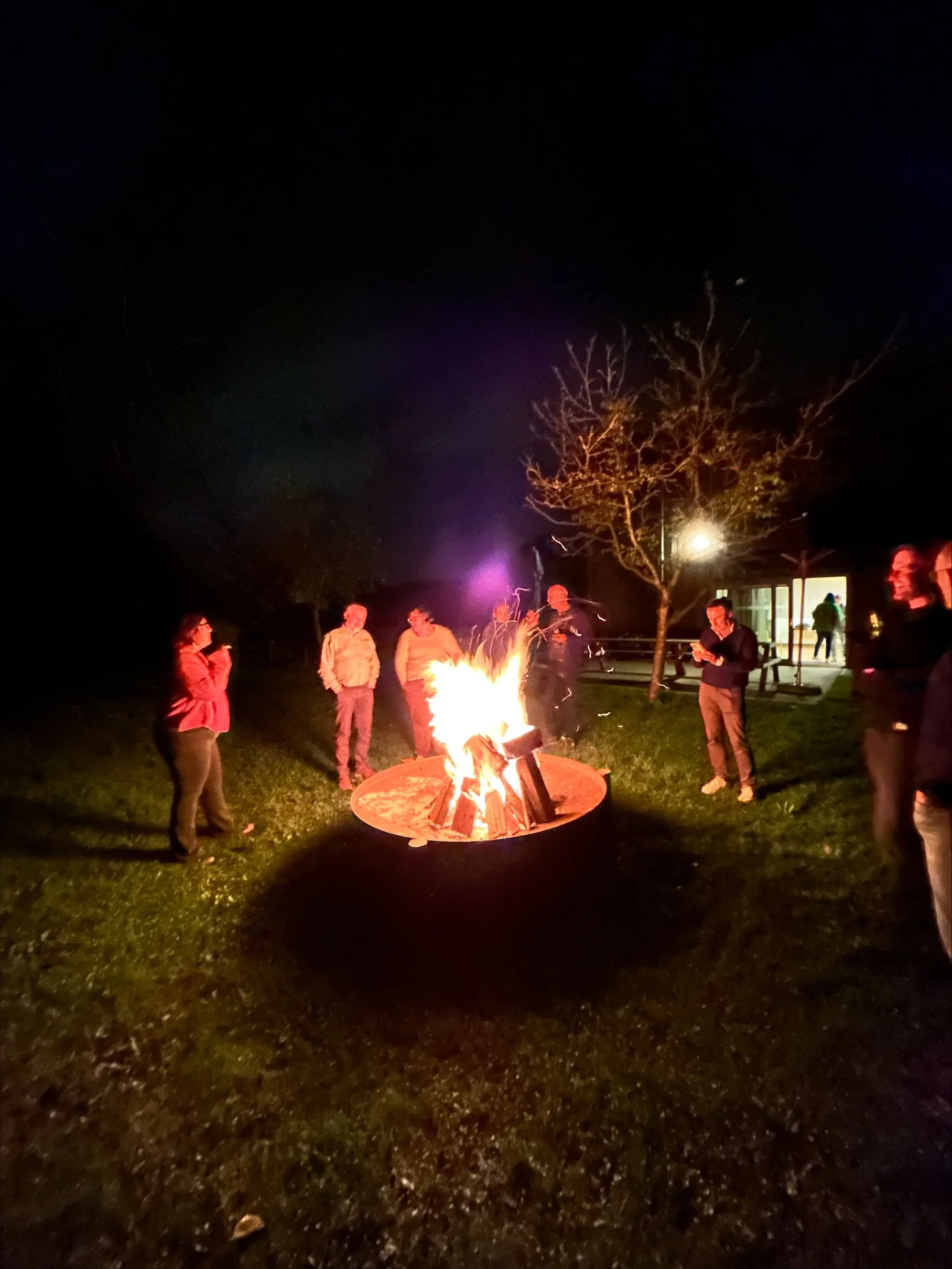 People gathered around a bonfire at night outside, with some standing and socializing, and a tree and building with lights in the background.