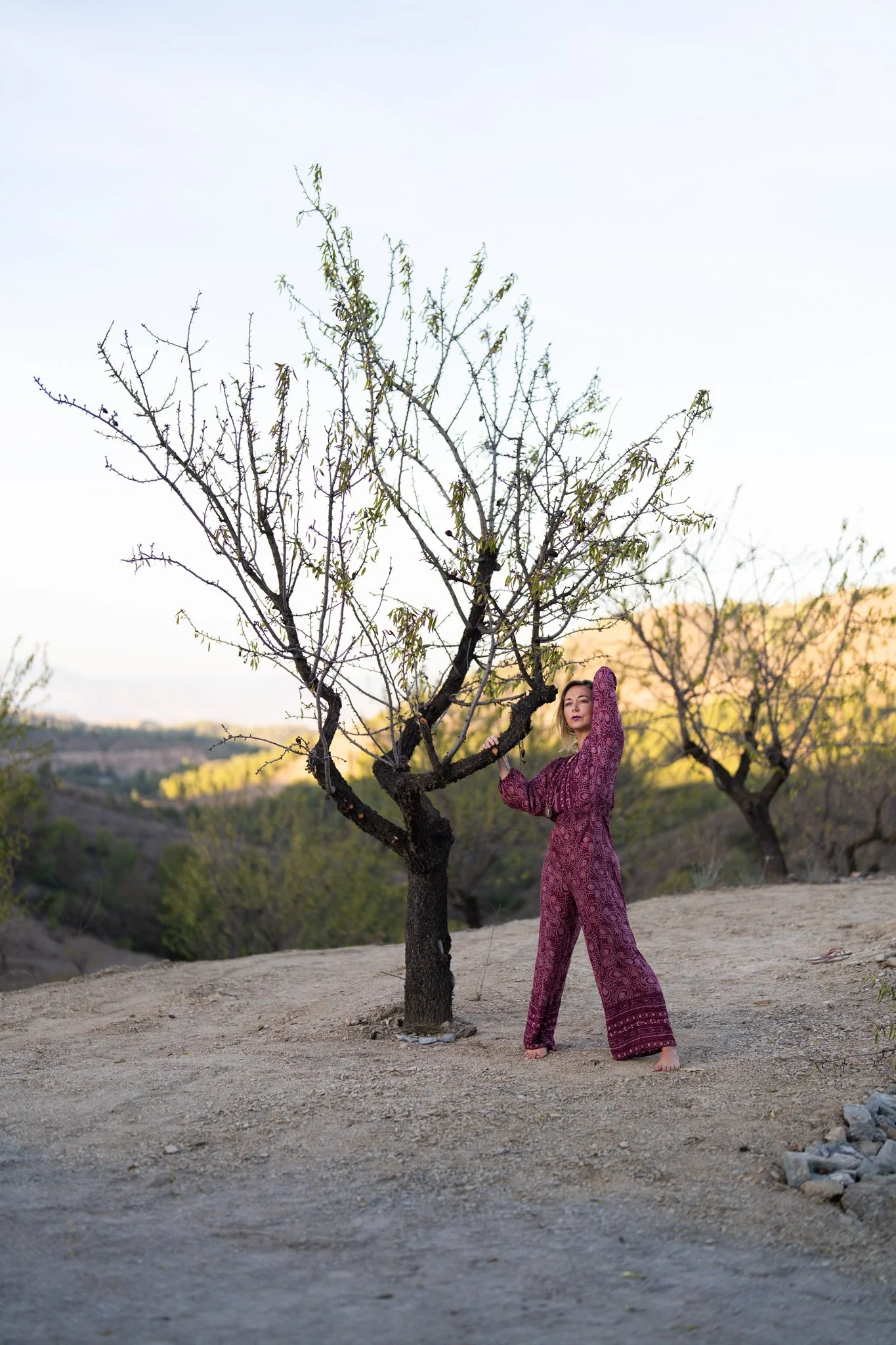 A woman in a long purple patterned jumpsuit stands barefoot on dry desert terrain, touching a leafless, pruned tree with her right hand, during sunset with distant hills and a clear sky.