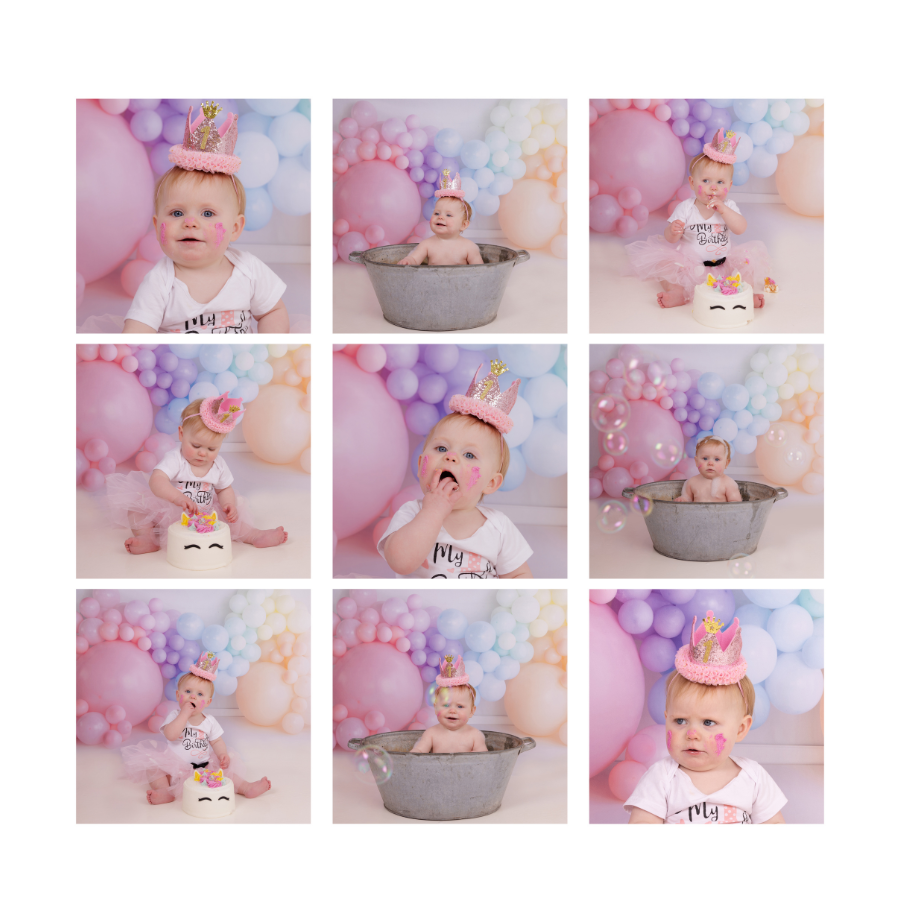 Collage of photos featuring a birthday celebration with a young girl wearing a pink tutu, a birthday crown, and pink face paint, surrounded by pastel-colored balloons and a small cake. Portrait Photographer by JK Photography. 