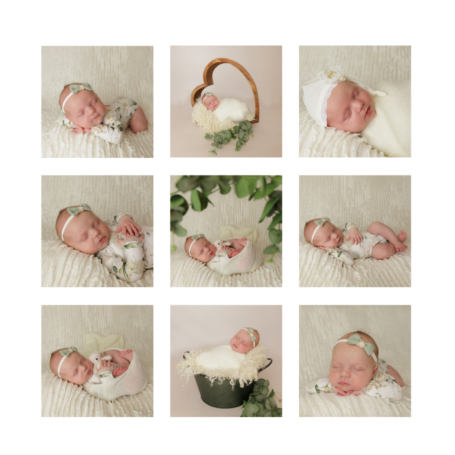Collage of nine photos of a newborn baby girl with a light green bow headband and floral pajamas. Family Photographer JK Photography Carlisle UK. 