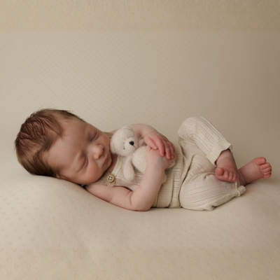 A sleeping toddler lying on a bed, hugging a small white stuffed animal.