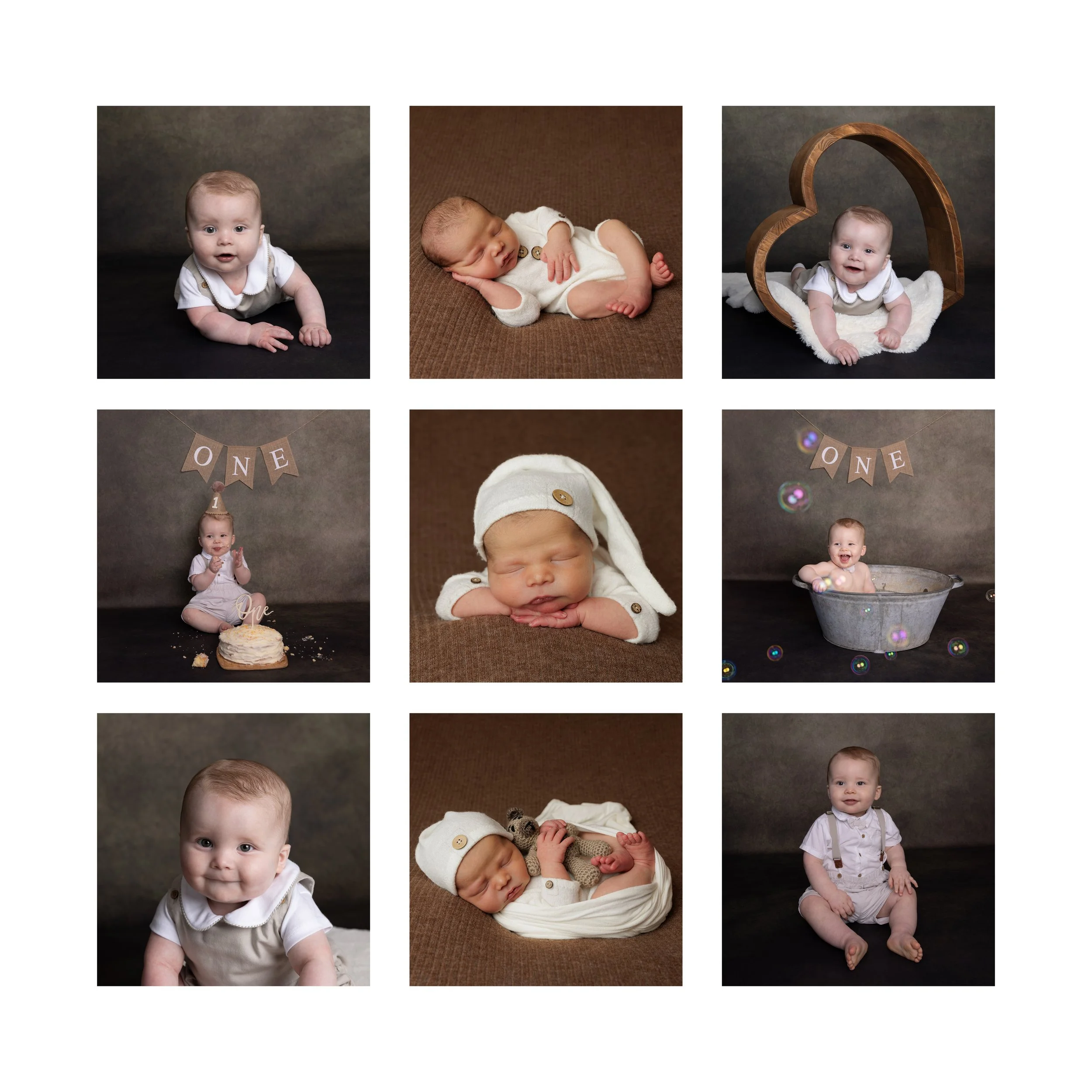 Collection of baby photos with various poses, some with props, in different outfits, and backgrounds. Family Photographer JK Photography Carlisle UK. 