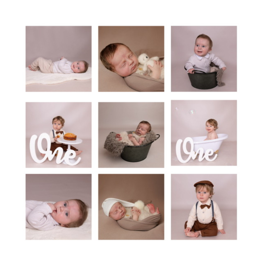 A collage of nine baby photos arranged in a 3x3 grid, with some photos featuring children as infants, and others as toddlers, with props such as a teddy bear, a cake, a bathtub, a fishbowl, and costumes. The middle row has a sign saying "One" indicat