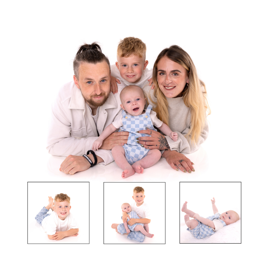 Family Photographer JK Photography taken a image of family of four with a father, mother, and two young children, one baby and one toddler, all smiling and lying on a white background.