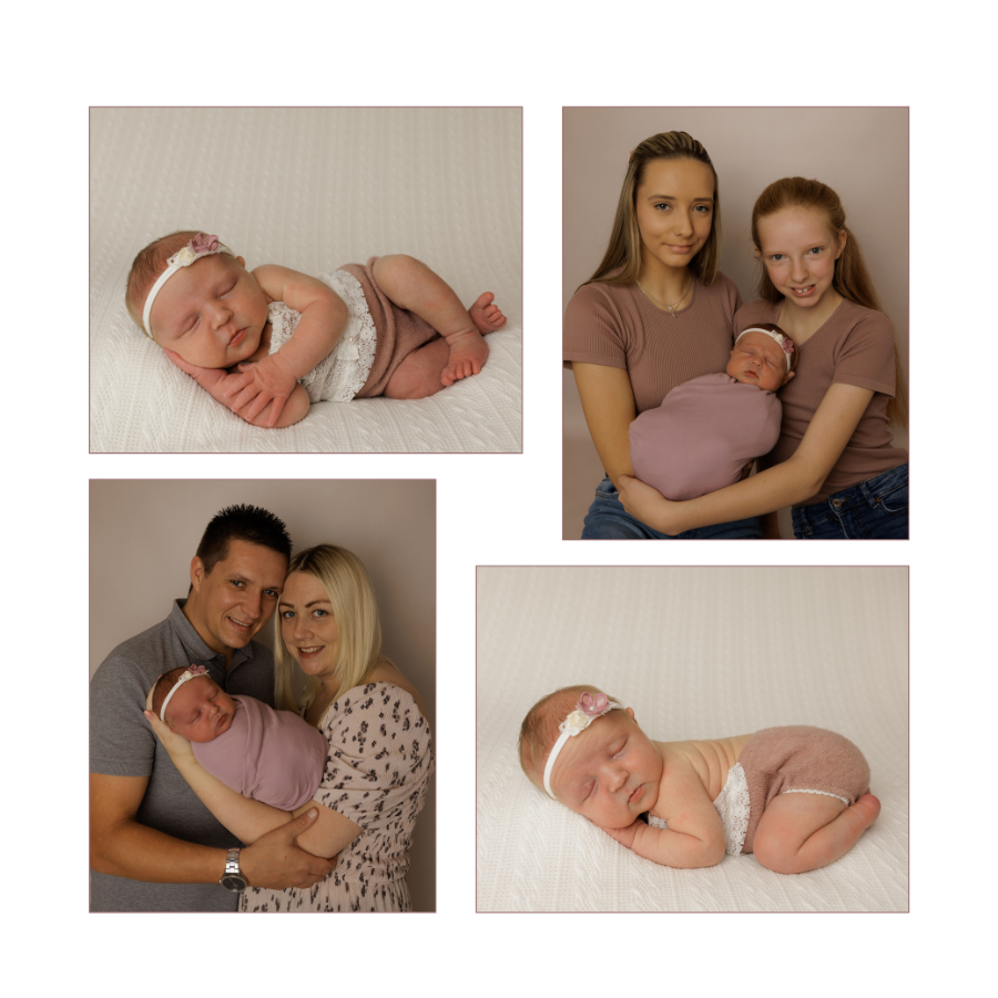 Family Photographer JK Photography Carlisle UK. Four photos of a new born baby girl with pink headband and beige outfit, with family in two pictures and sleeping in two pictures.