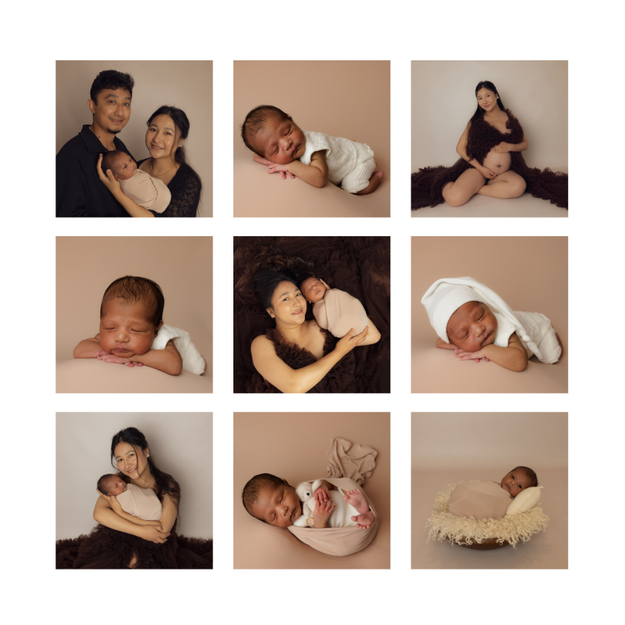Collage of photos showcasing a family with newborn babies, including parents holding and posing with their babies, and individual shots of the infants sleeping and wrapped in blankets. Family and Children's Photographer JK Photography Carlisle UK