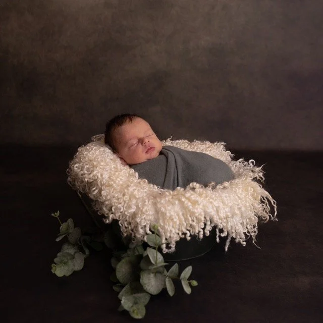 A newborn baby swaddled in gray cloth, sleeping in a small black basket with a fluffy cream-colored blanket and green foliage underneath on a dark background.