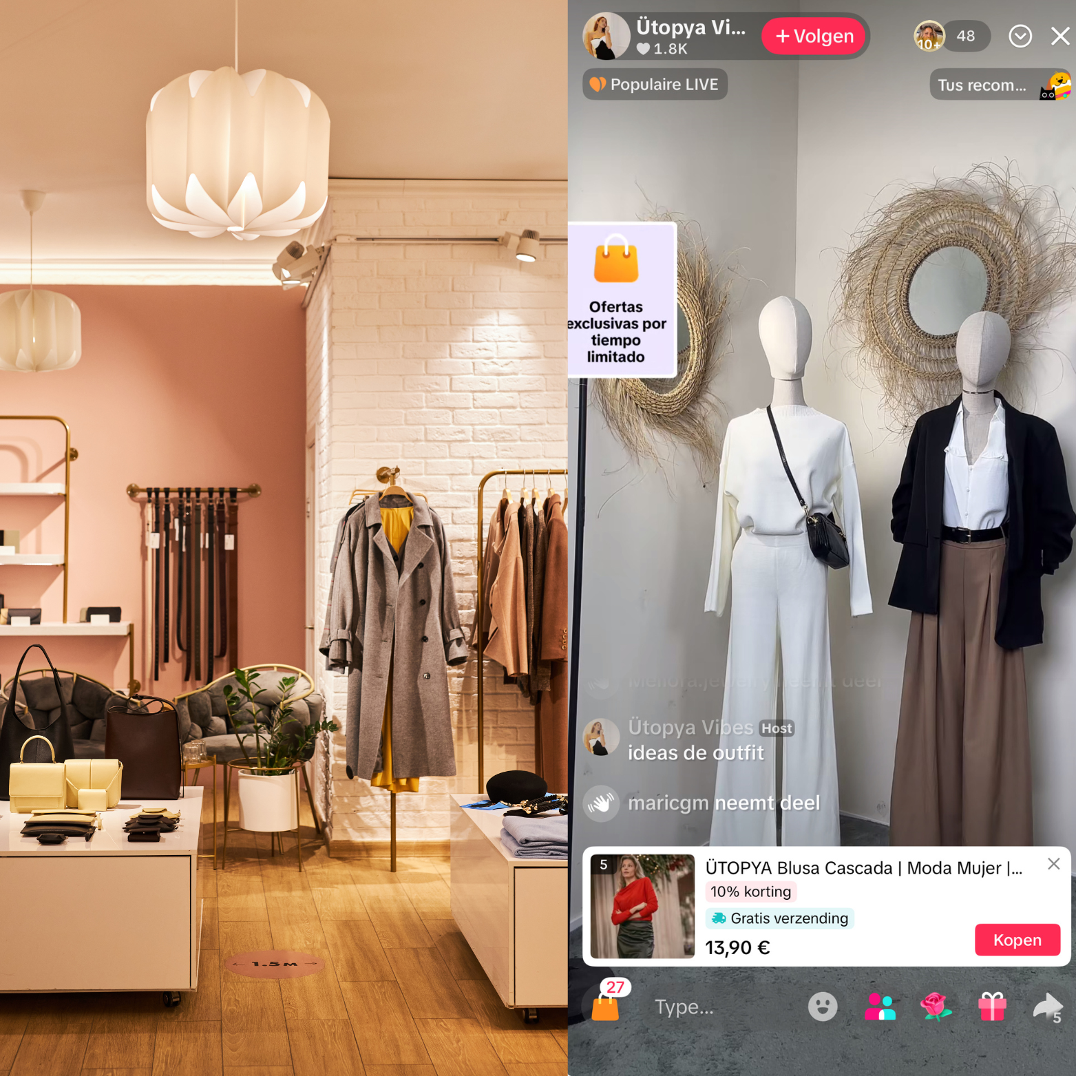 Left side shows the interior of a clothing boutique with racks of coats and handbags, pink and white brick walls, and modern lighting fixtures. Right side shows a livestream shopping session with mannequins dressed in white and black outfits, jewelry, and decorative mirrors in the background.