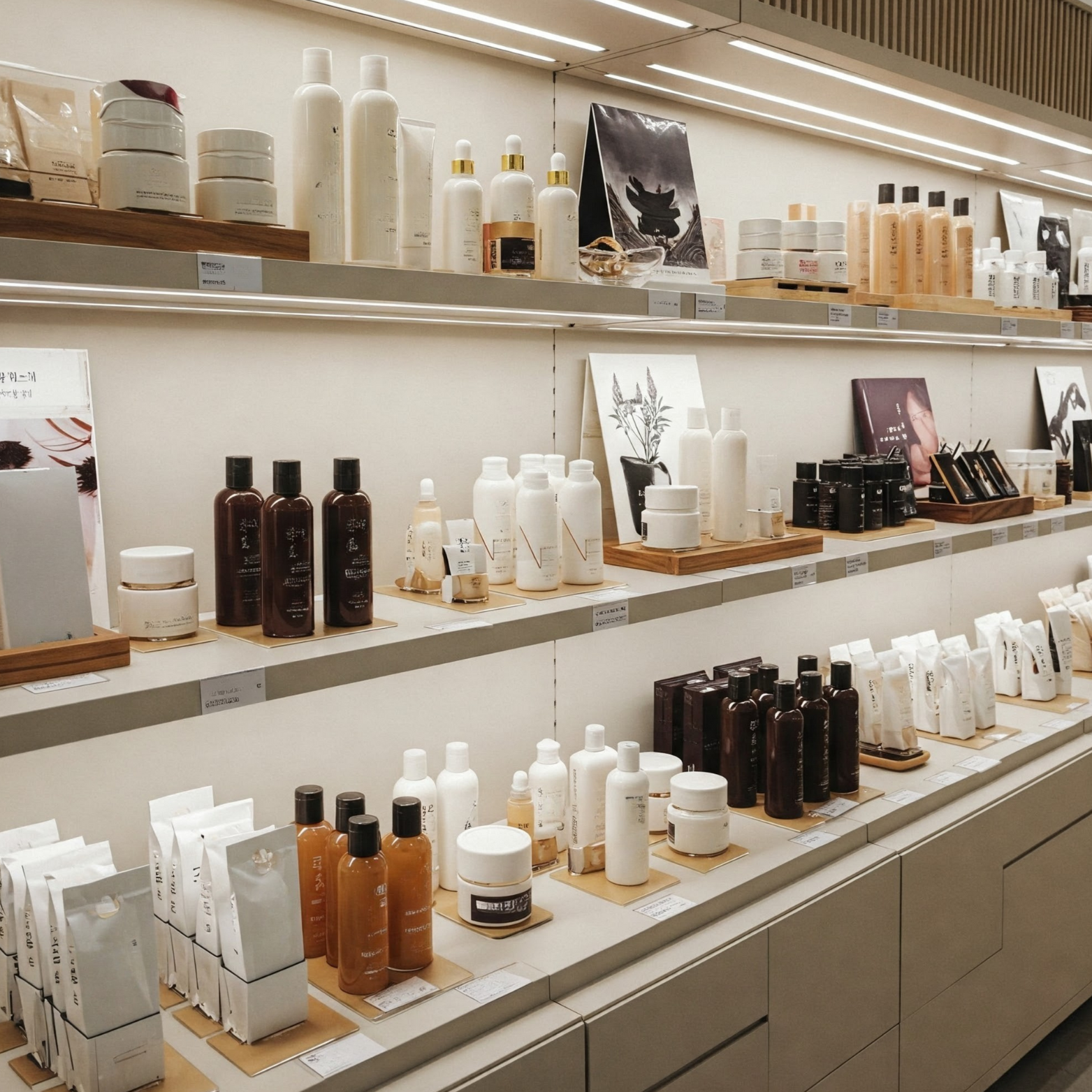 Multiple shelves displaying skincare and beauty products, including bottles, jars, and boxes, in a retail store.