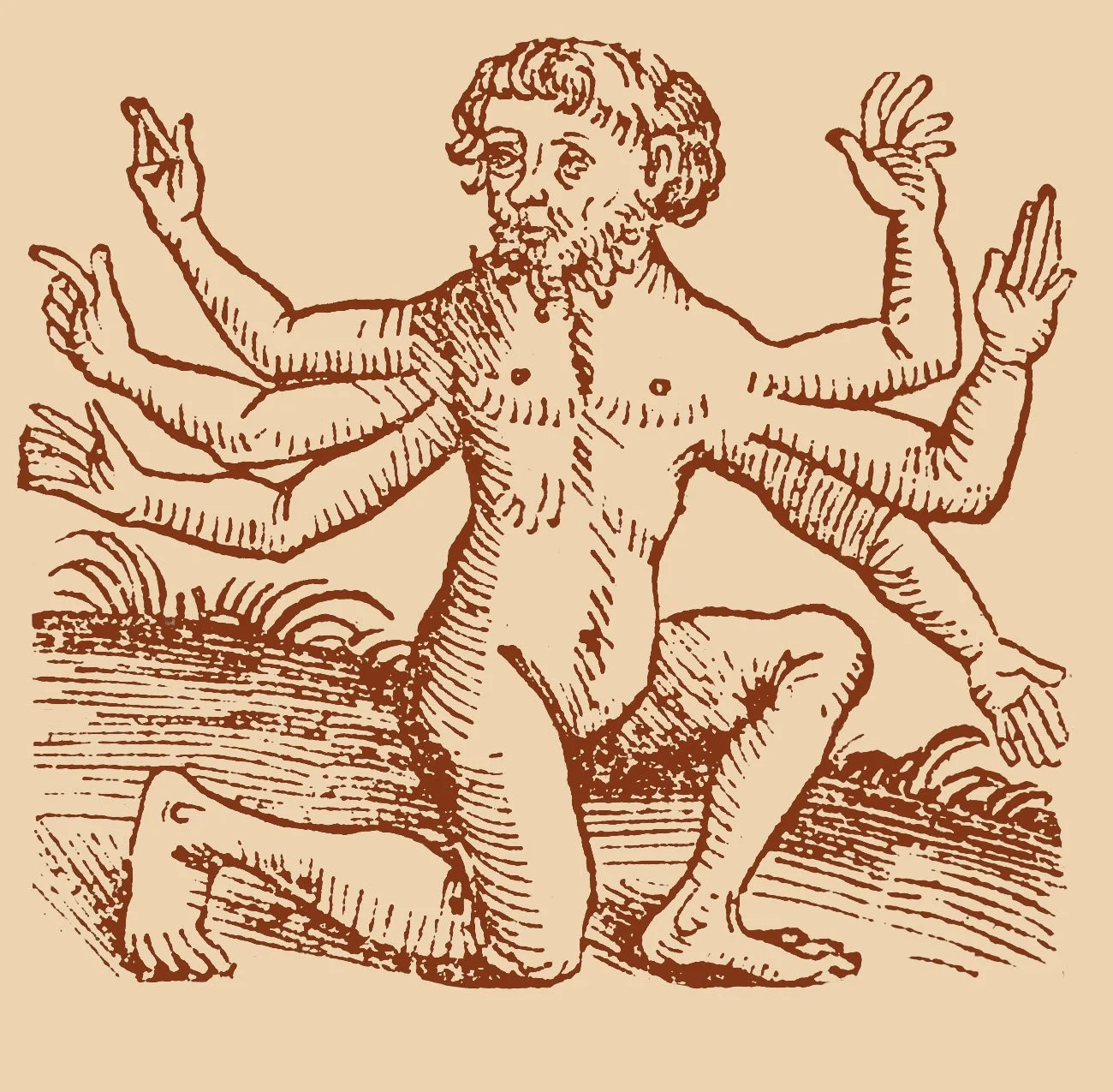 Illustration antique d'un homme avec six bras, assis à genoux, avec une expression sereine.