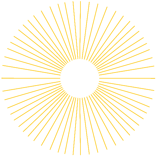 Un design graphique avec un cercle noir au centre et des lignes dorées rayonnant vers l'extérieur, formant un motif de soleil ou d'éclat.