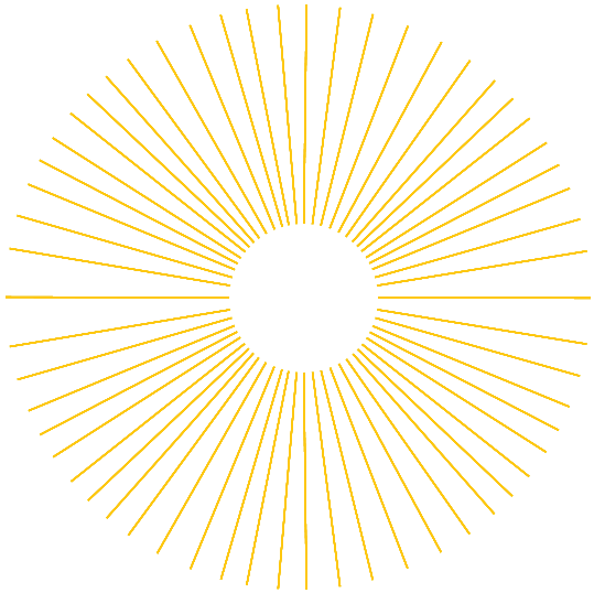 Un soleil stylisé en lignes dorées rayonnant autour d'un cercle noir sur fond noir.